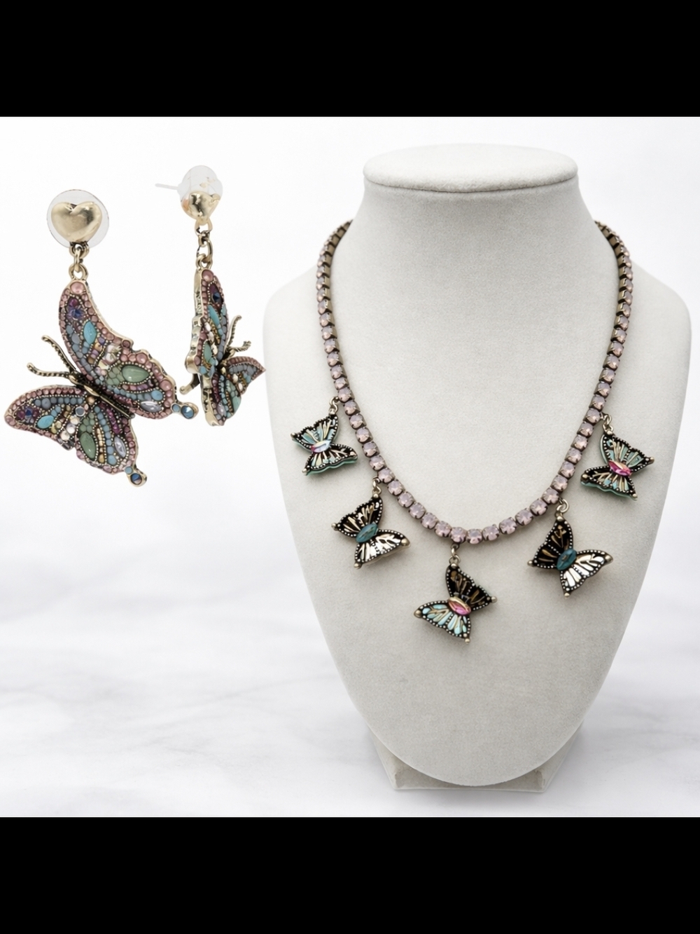 Betsey Johnson Butterfly Crystal Necklace and Earrings Set - Pink & Multi
